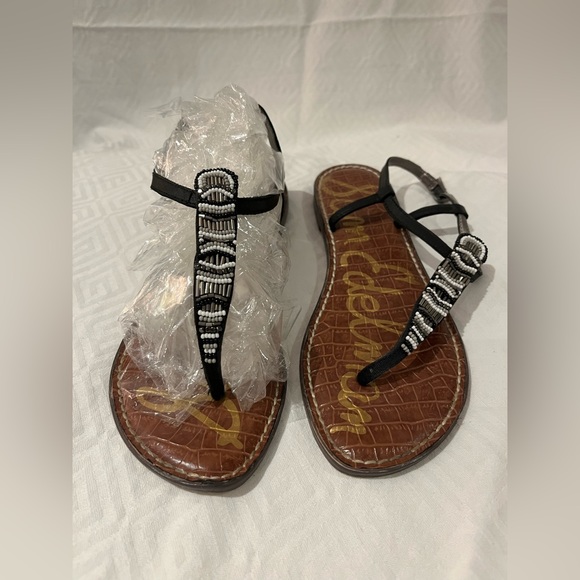 Sam Edelman GRACE Black/Grey/White Beading EUC Black Leather Thong Sandal size 8 - Picture 4 of 9